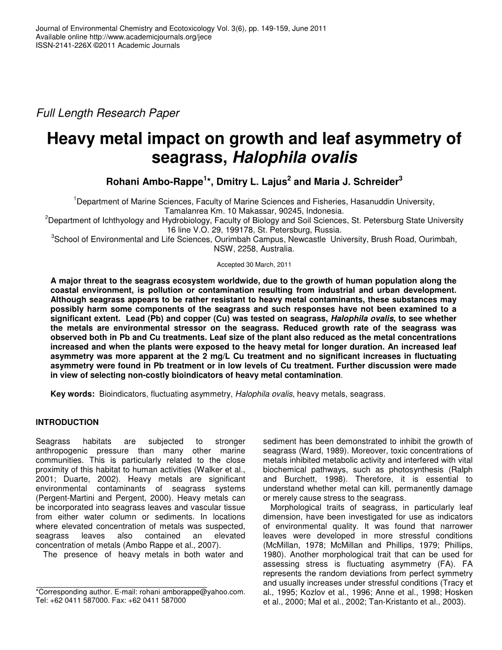 Heavy Metal Impact on Growth and Leaf Asymmetry of Seagrass, Halophila Ovalis