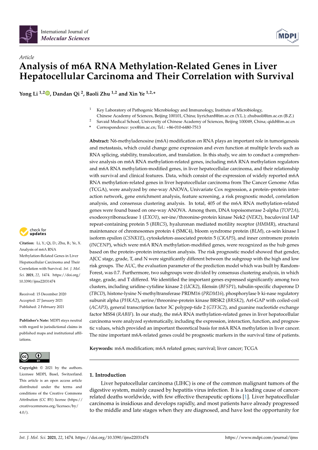 Analysis of M6a RNA Methylation-Related Genes in Liver Hepatocellular Carcinoma and Their Correlation with Survival