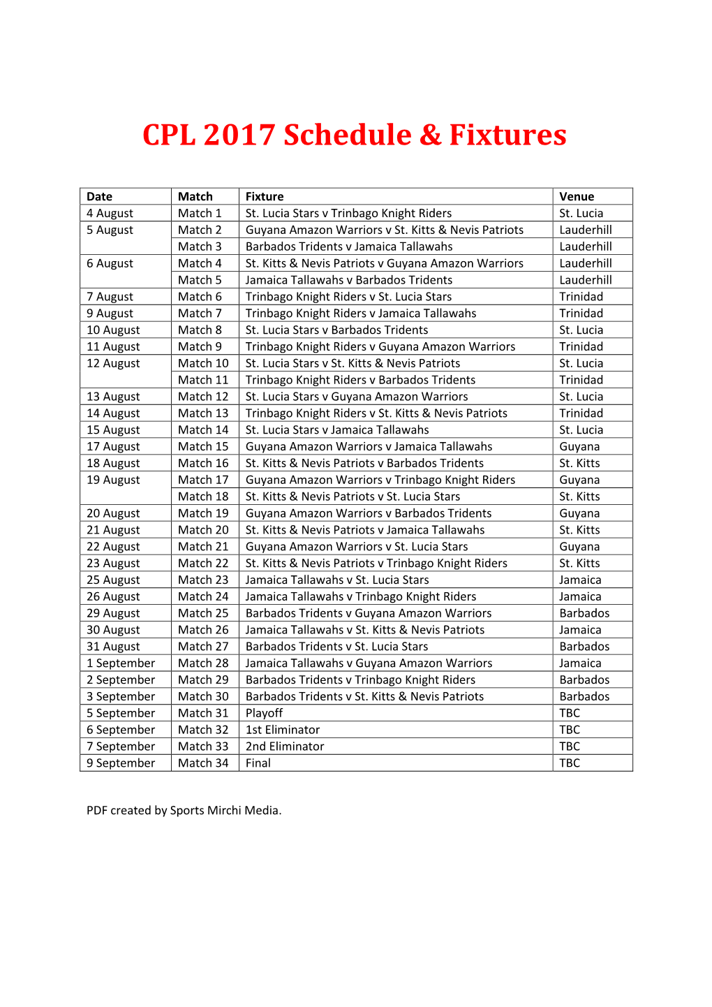 CPL 2017 Schedule & Fixtures