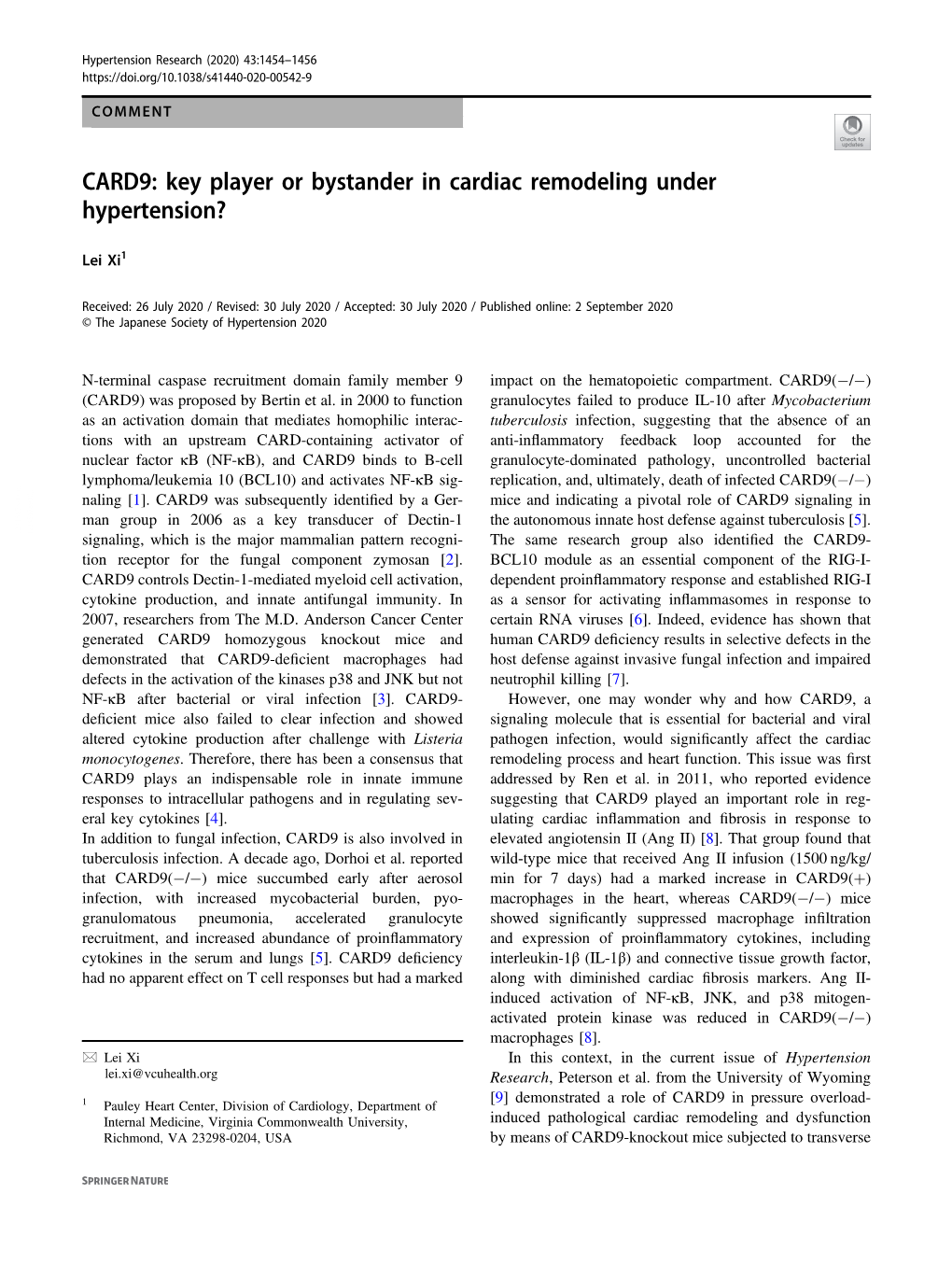CARD9: Key Player Or Bystander in Cardiac Remodeling Under Hypertension?