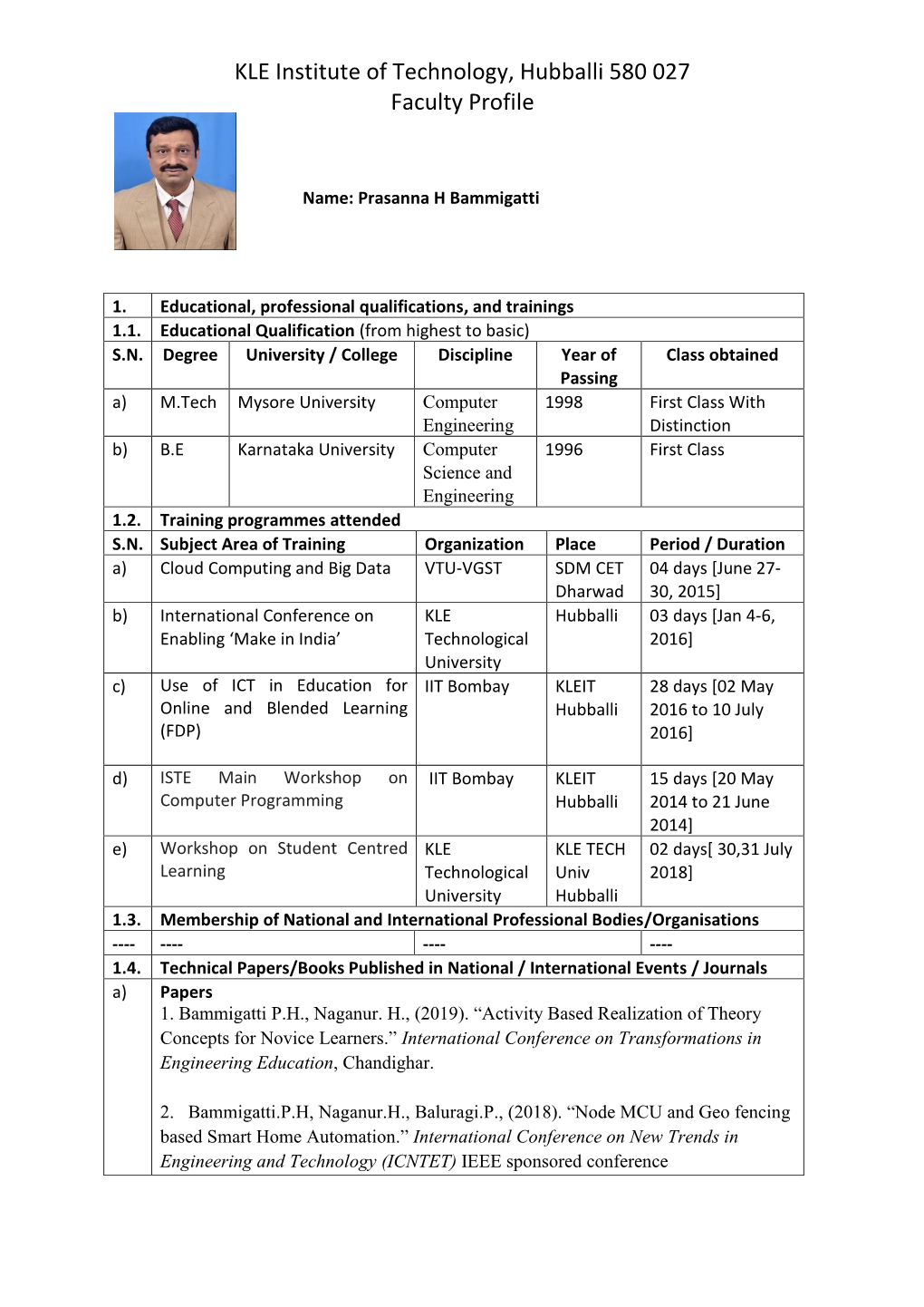 KLE Institute of Technology, Hubballi 580 027 Faculty Profile