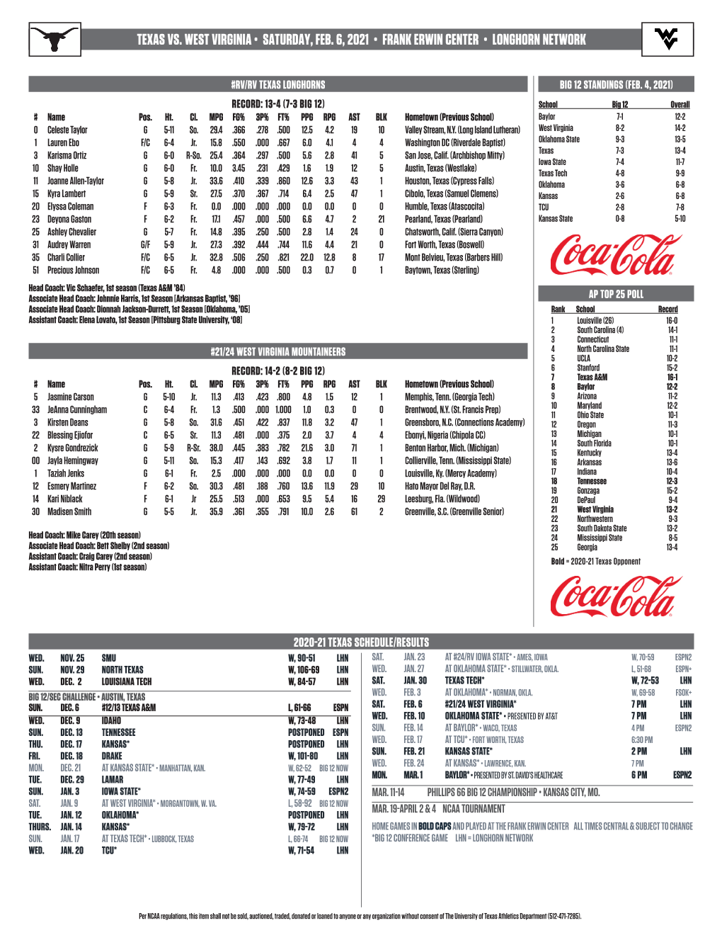 Texas Vs. West Virginia • Saturday, Feb. 6, 2021 • Frank Erwin Center • Longhorn Network