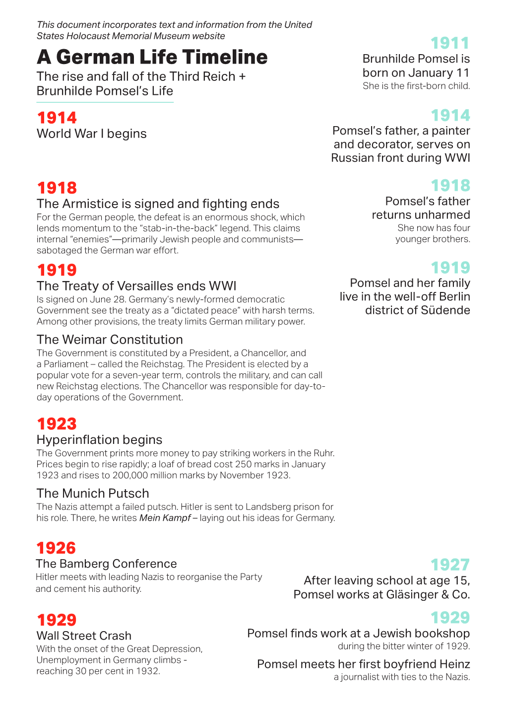 A German Life Timeline Brunhilde Pomsel Is the Rise and Fall of the Third Reich + Born on January 11 She Is the First-Born Child