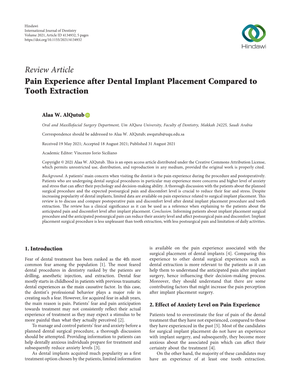 Review Article Pain Experience After Dental Implant Placement Compared to Tooth Extraction