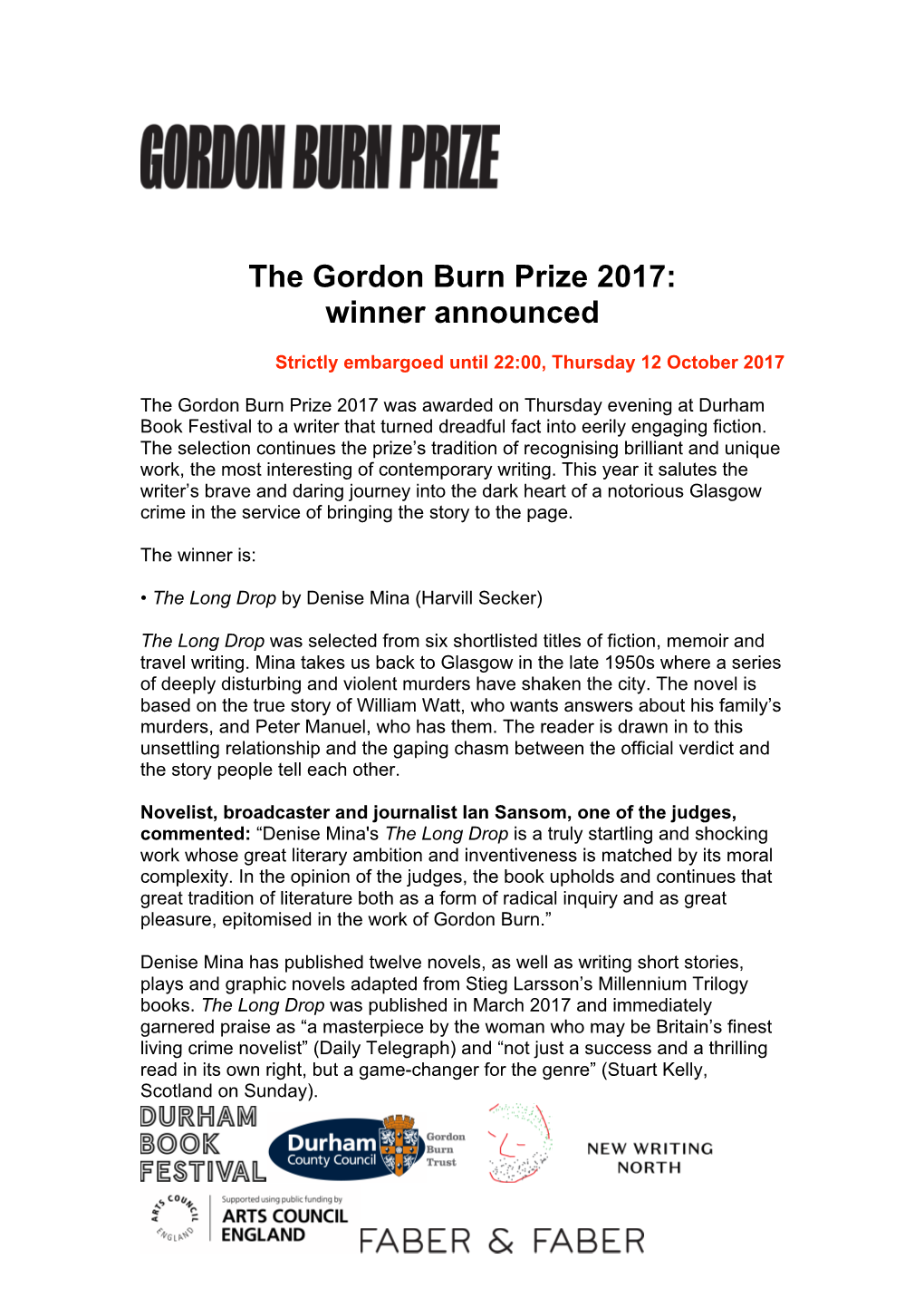 The Gordon Burn Prize 2017: Winner Announced