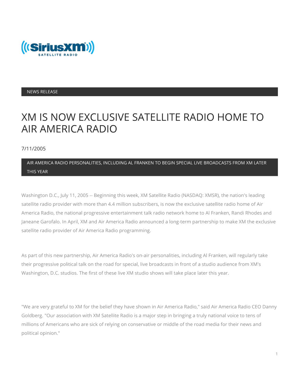 Xm Is Now Exclusive Satellite Radio Home to Air America Radio