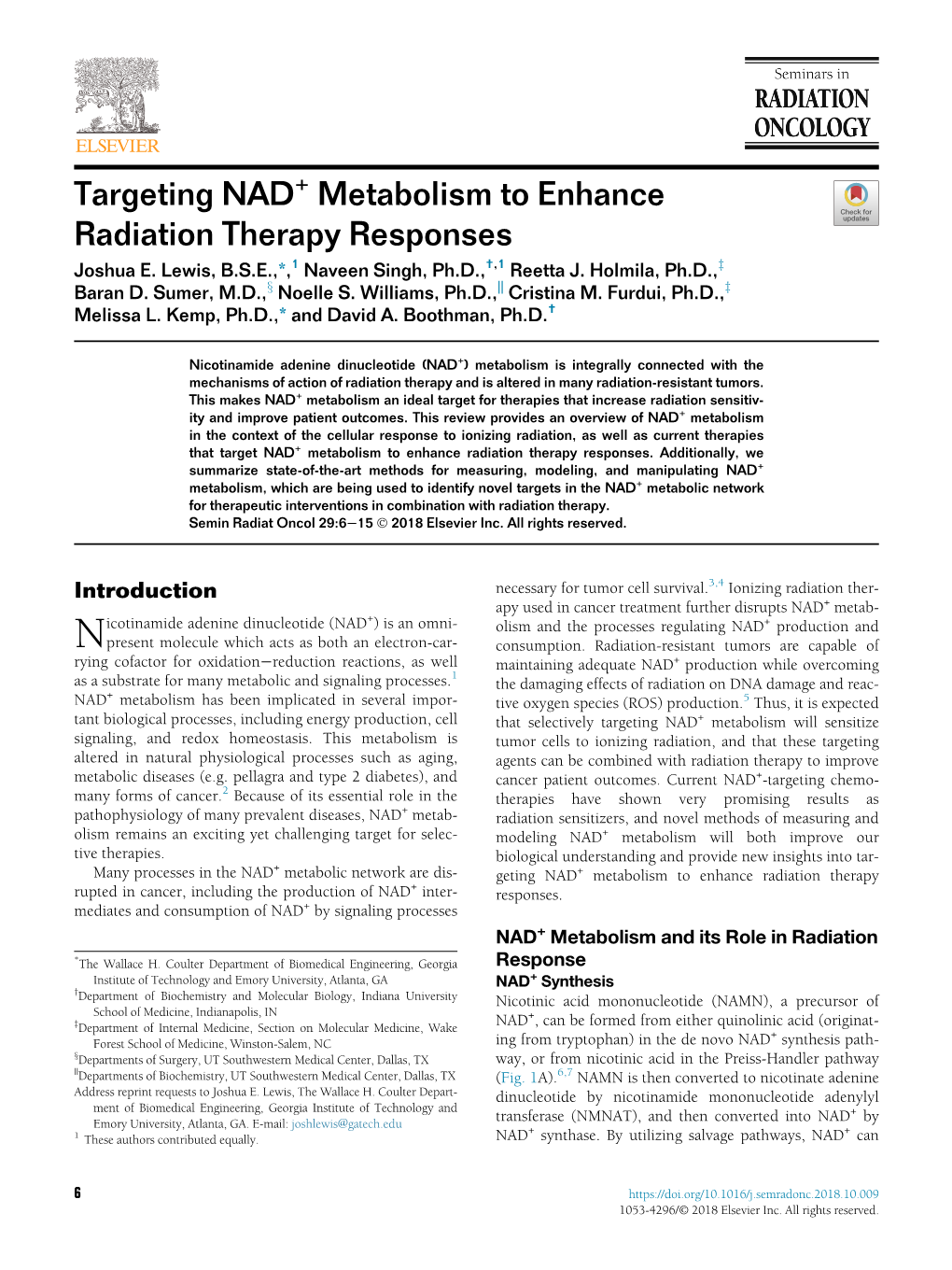 Targeting NAD+ Metabolism to Enhance Radiation Therapy Responses Joshuad3xx E