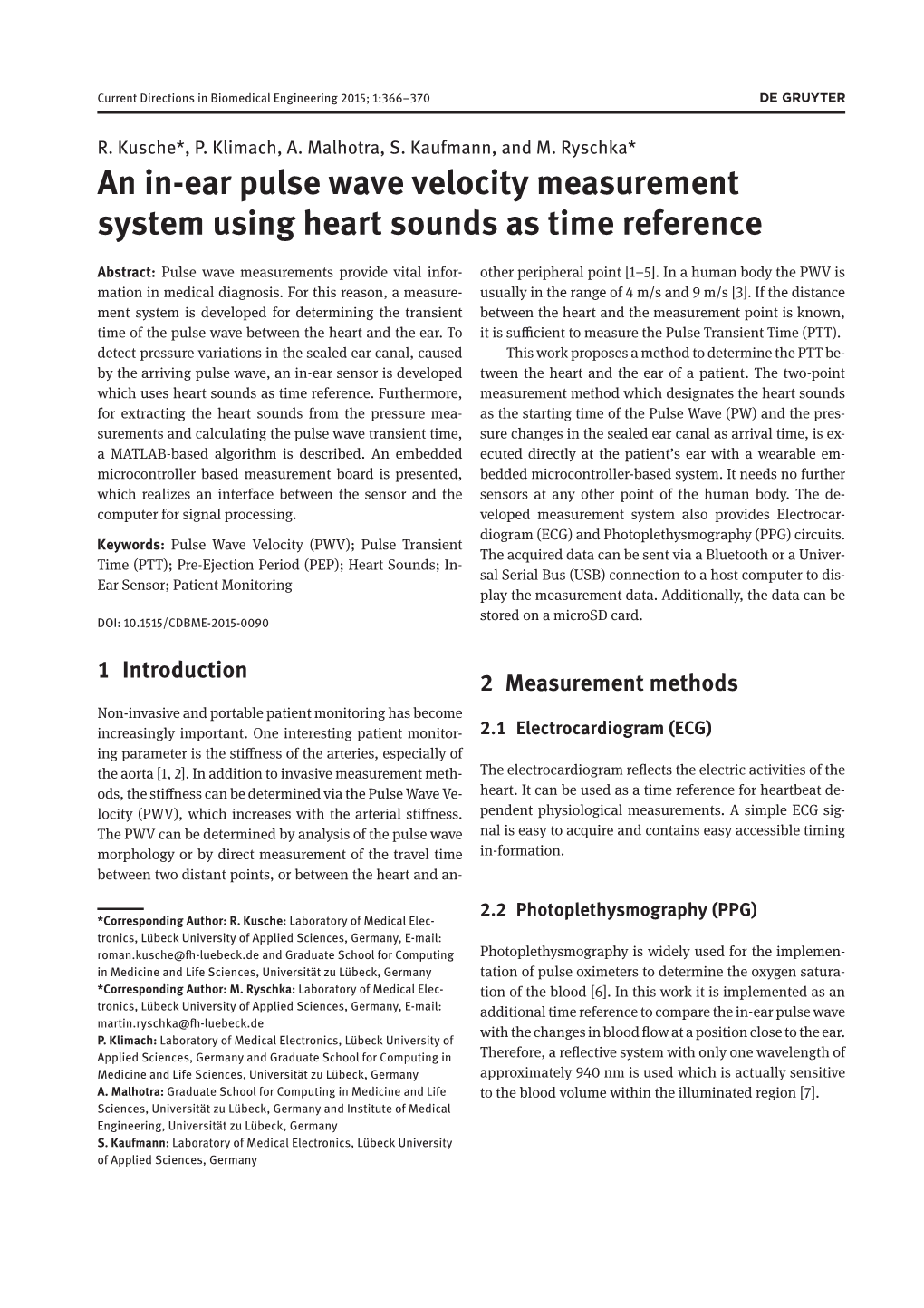 An In-Ear Pulse Wave Velocity Measurement System Using Heart Sounds As Time Reference