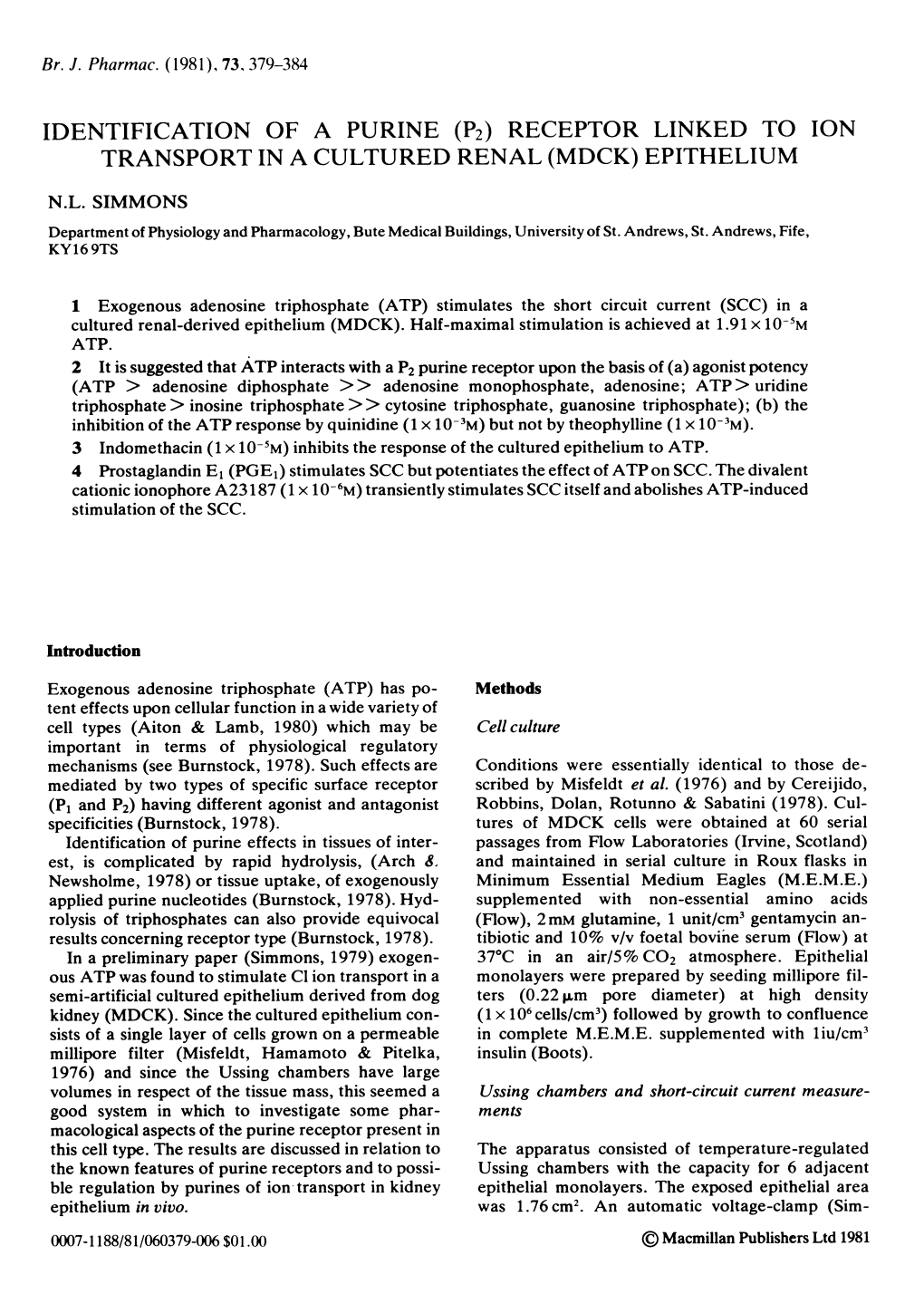 (P2) Receptor Linked to Ion Transport in a Cultured Renal (Mdck) Epithelium