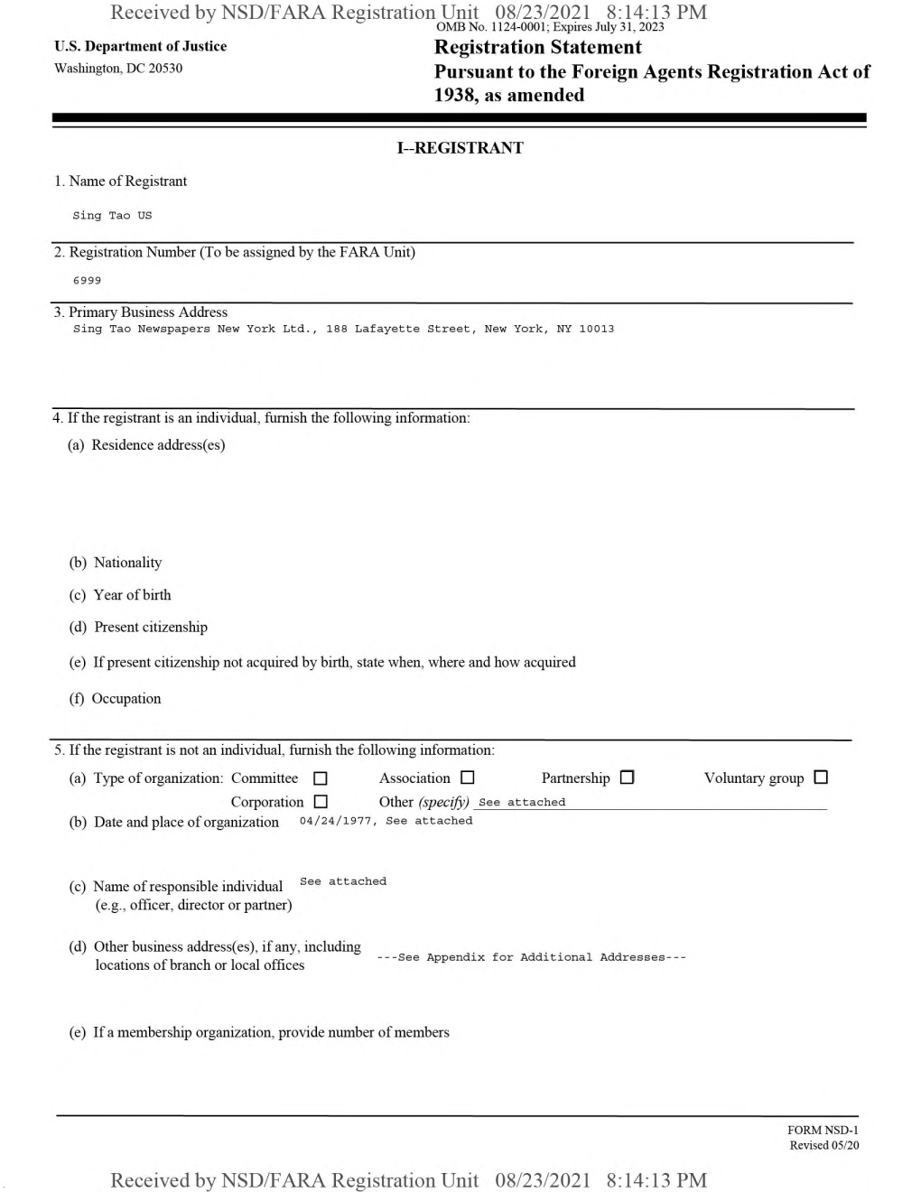 Received by NSD/FARA Registration Unit 08/23/2021 8:14:13 PM OMB No