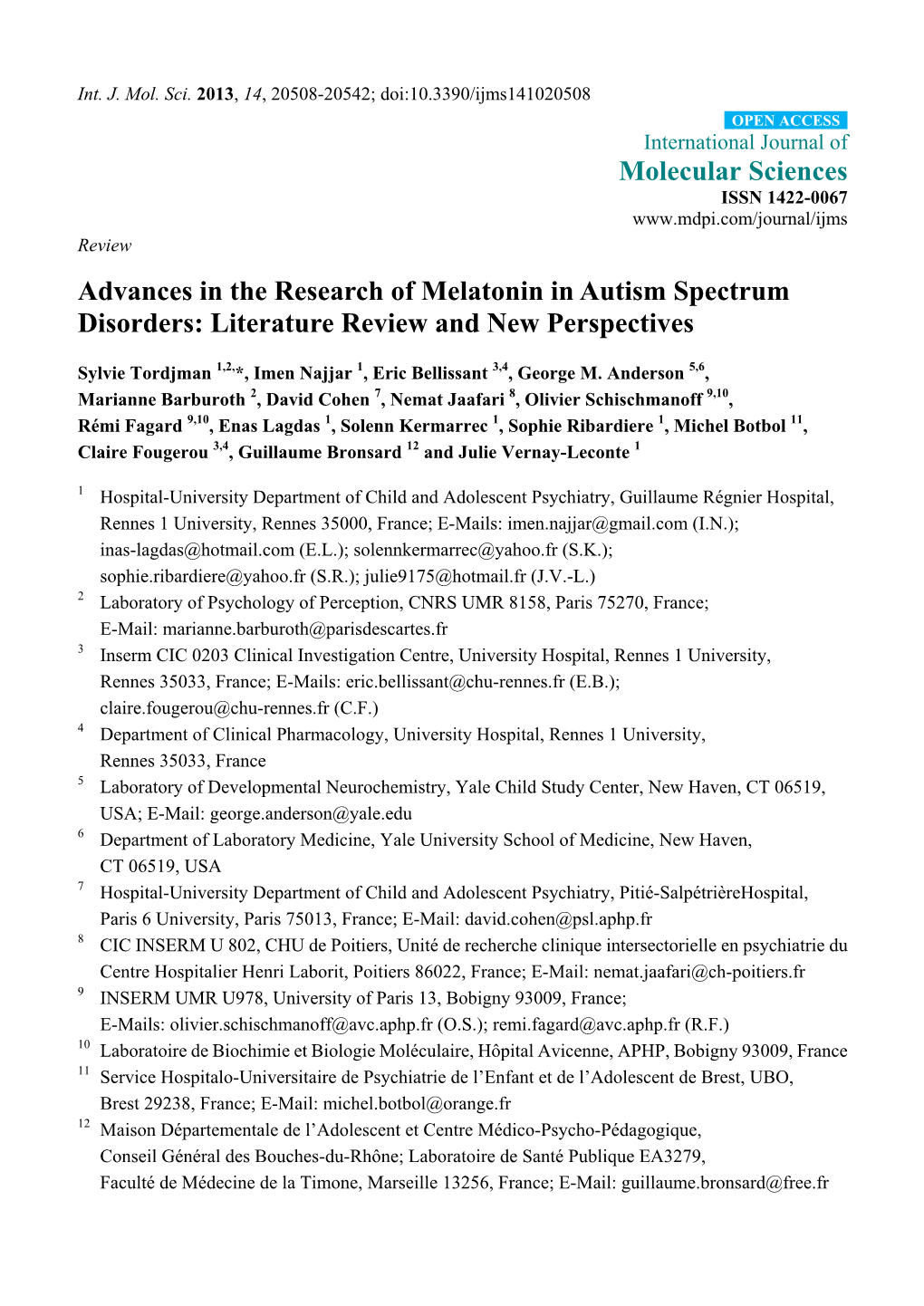 Advances in the Research of Melatonin in Autism Spectrum Disorders: Literature Review and New Perspectives
