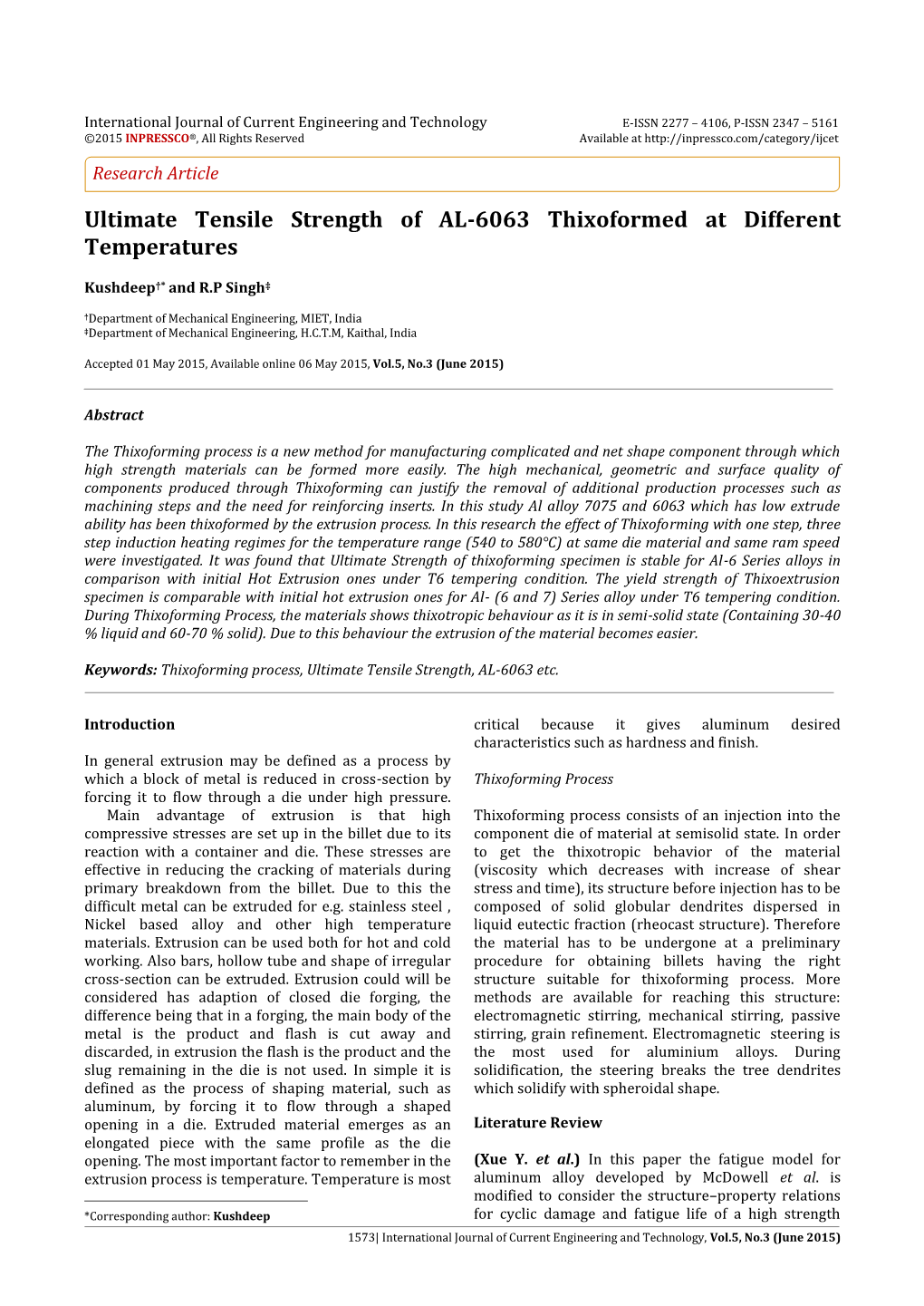 Ultimate Tensile Strength of AL-6063 Thixoformed at Different Temperatures