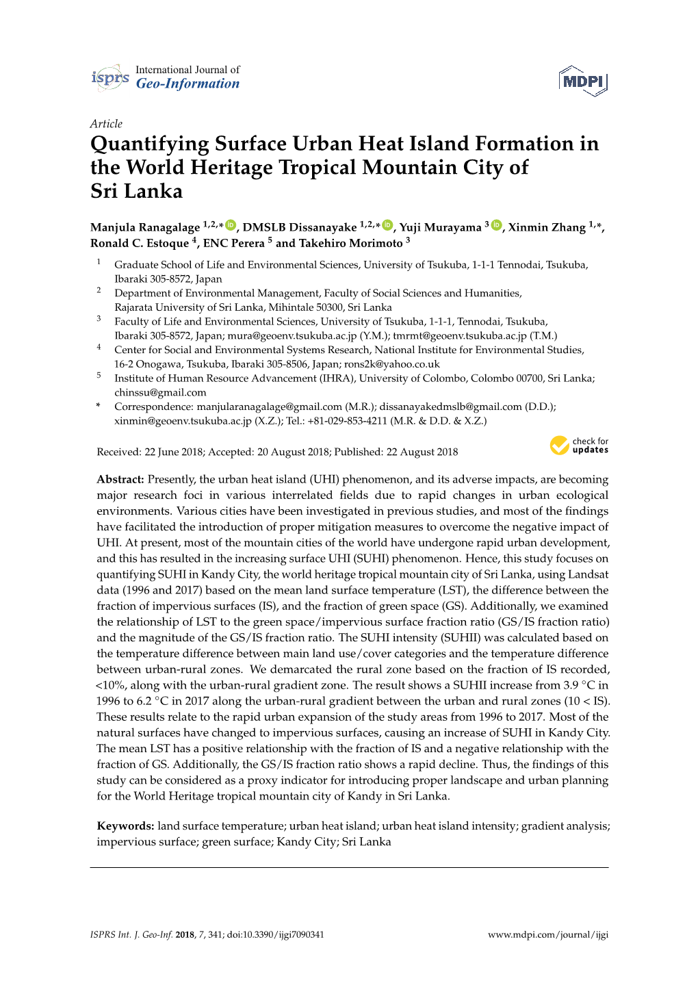 Quantifying Surface Urban Heat Island Formation in the World Heritage Tropical Mountain City of Sri Lanka