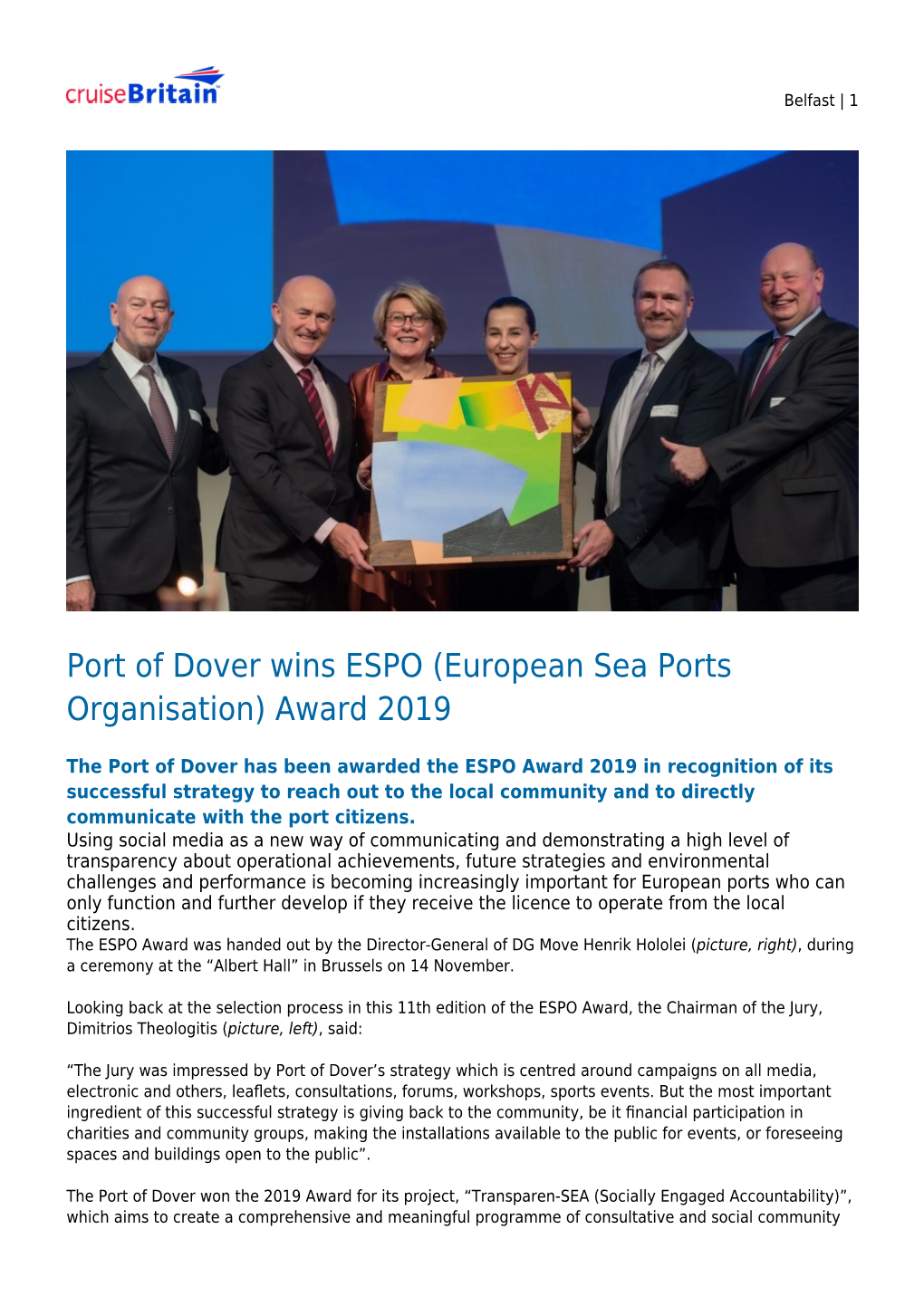 Port of Dover Wins ESPO (European Sea Ports Organisation) Award 2019