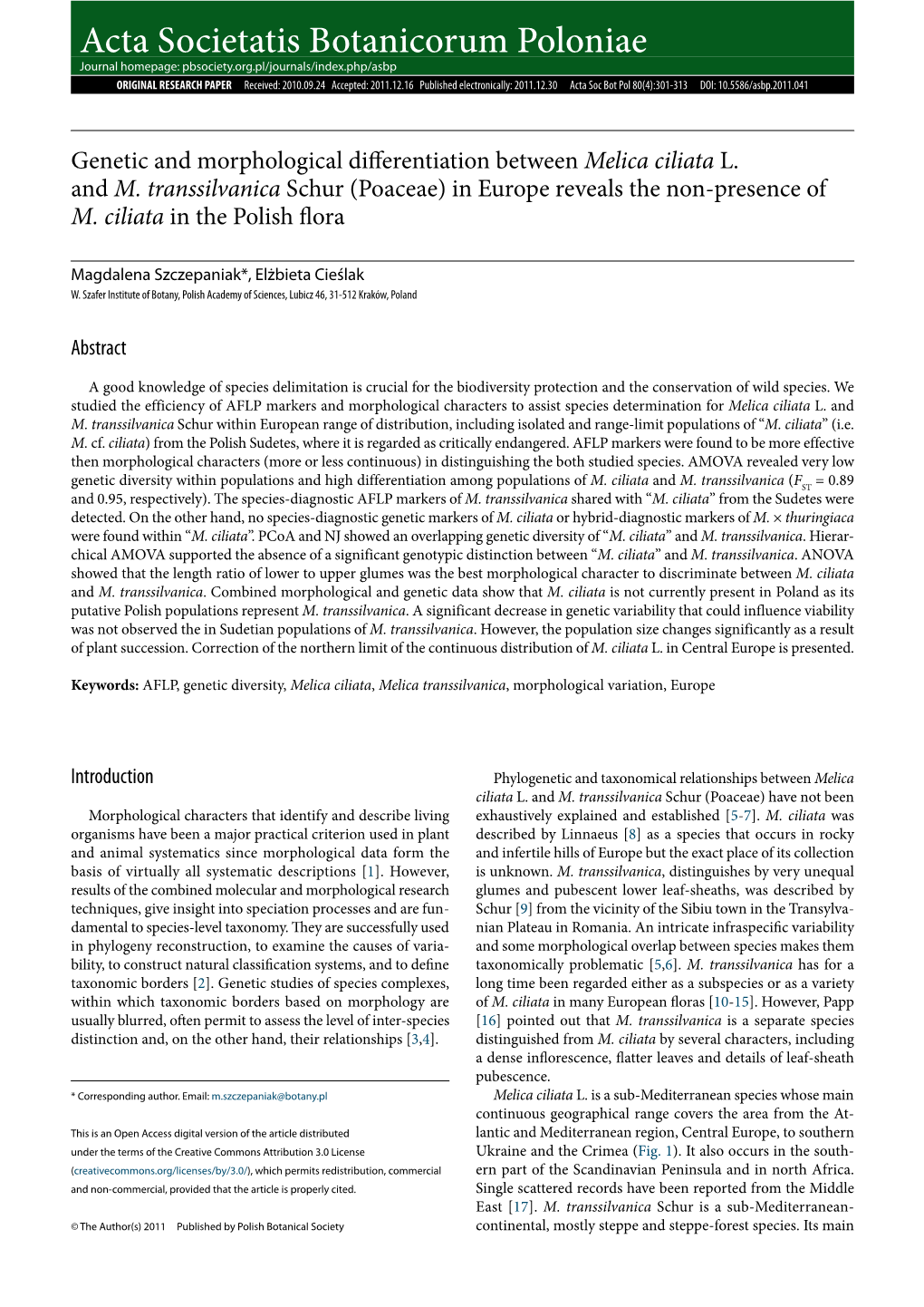 Genetic and Morphological Differentiation Between Melica Ciliata L. and M. Transsilvanica Schur