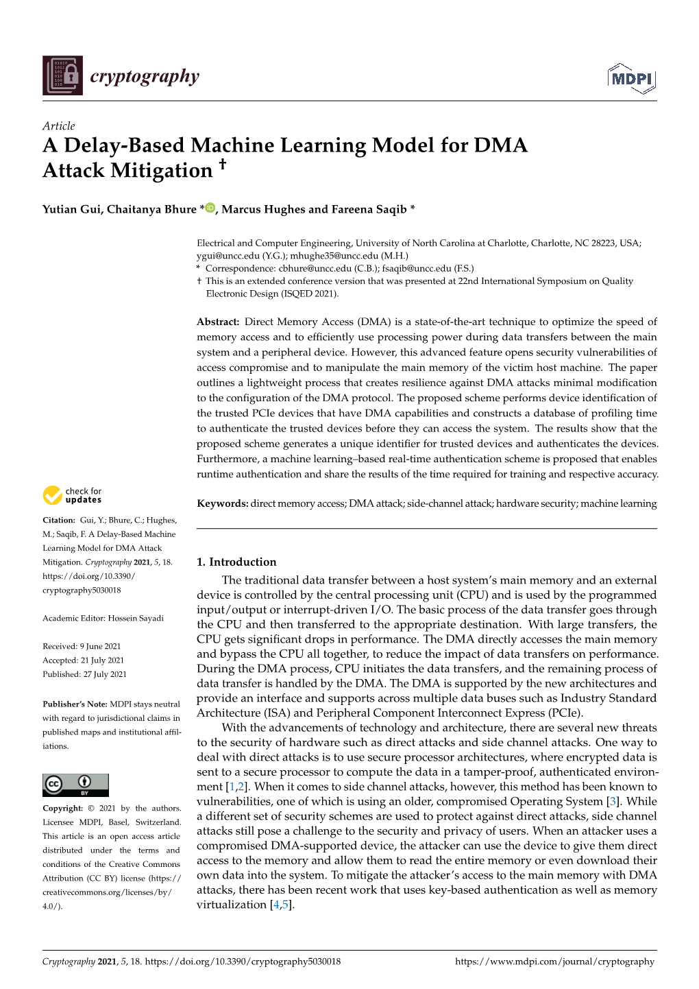 A Delay-Based Machine Learning Model for DMA Attack Mitigation †