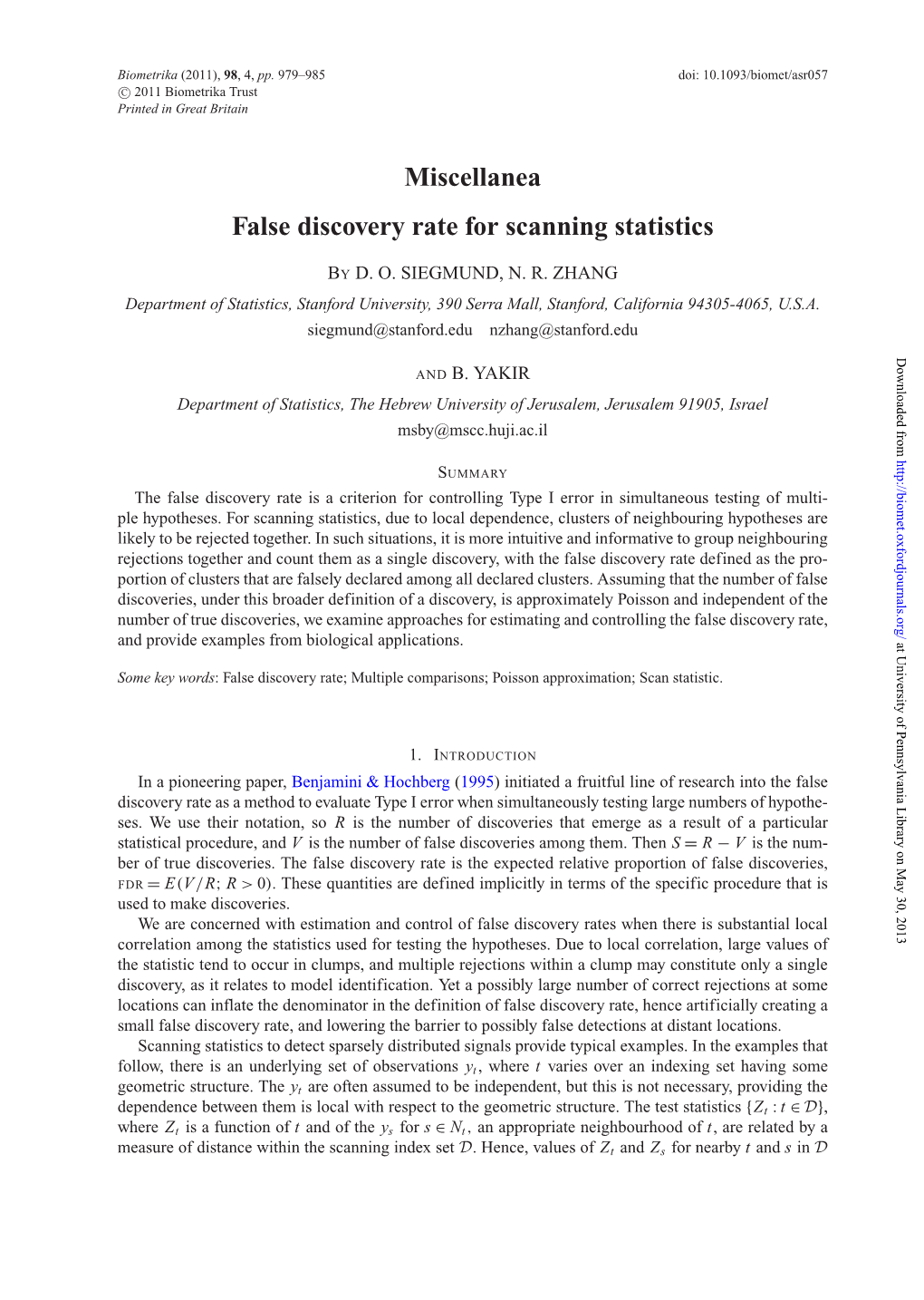 Miscellanea False Discovery Rate for Scanning Statistics