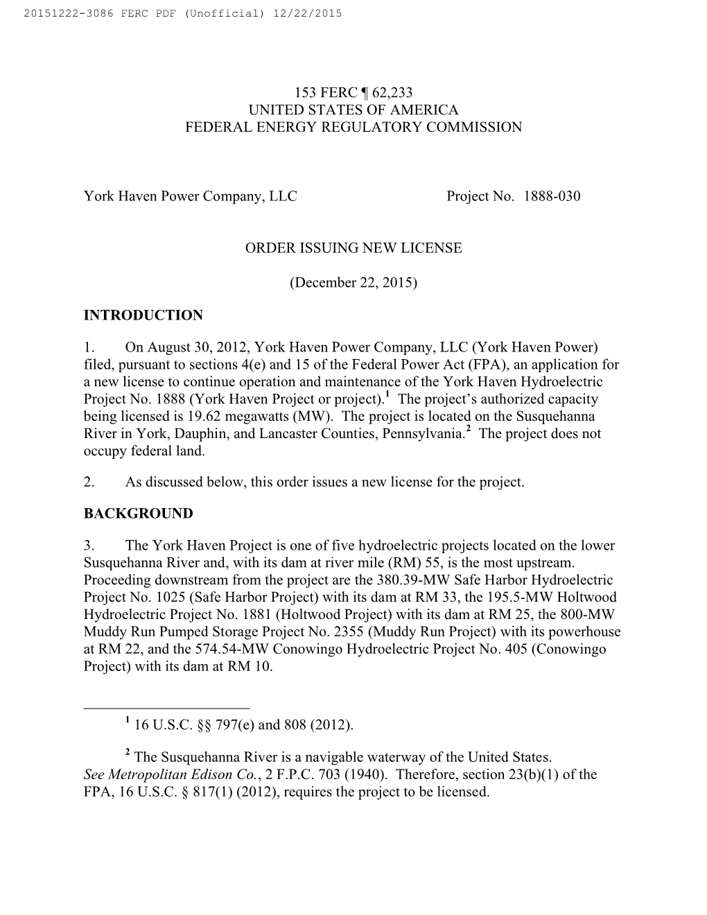 York Haven FERC License 2015