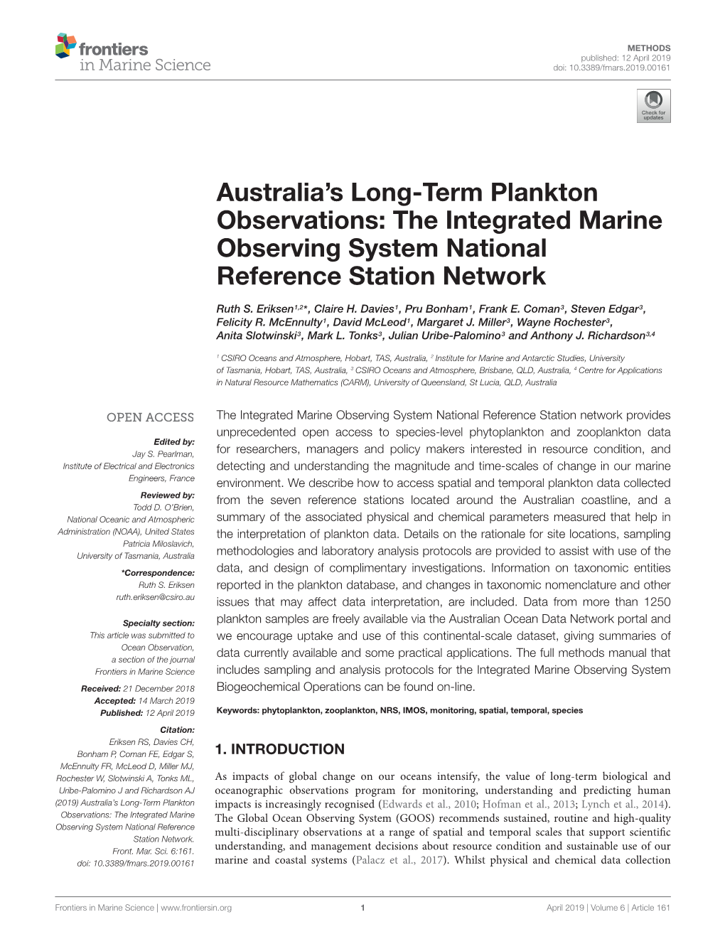 Australia's Long-Term Plankton Observations: the Integrated Marine Observing System National Reference Station Network