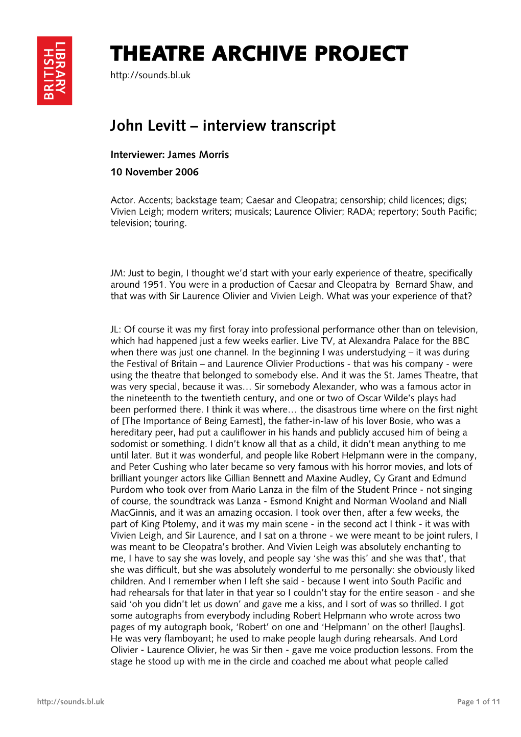 Theatre Archive Project: Interview with John Levitt