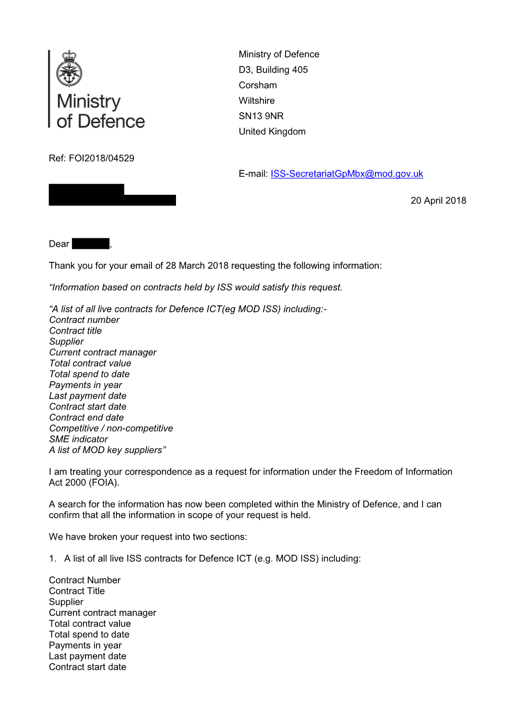 Information Regarding MOD ICT Contracts at 28 March 2018