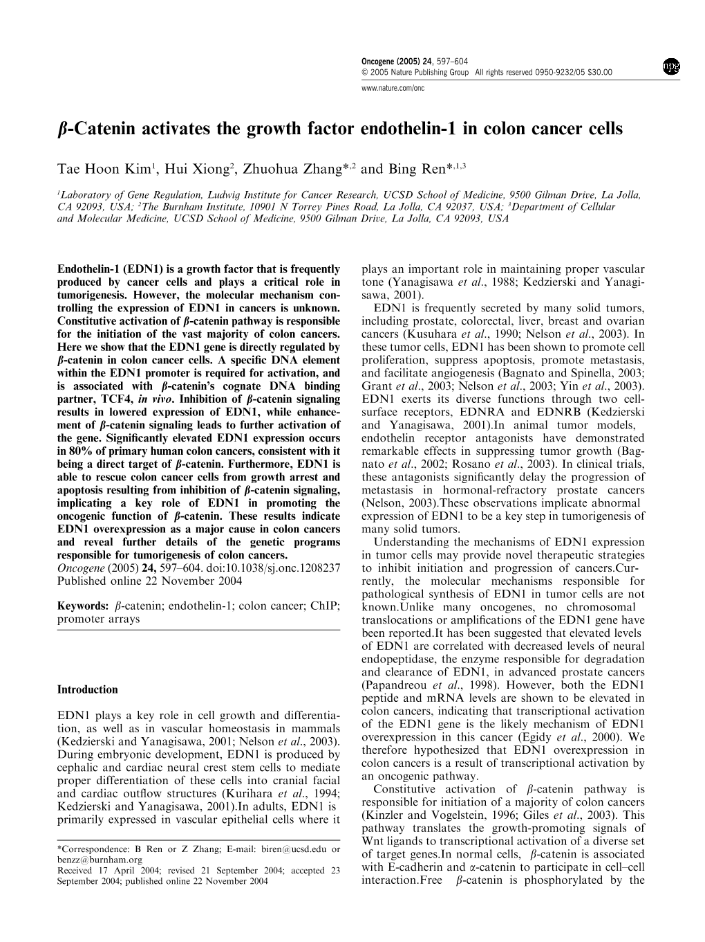 B-Catenin Activates the Growth Factor Endothelin-1 in Colon Cancer Cells