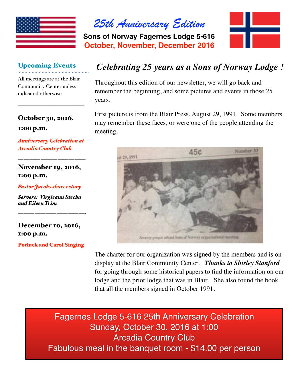 25Th Anniversary Edition Sons of Norway Fagernes Lodge 5-616 October, November, December 2016