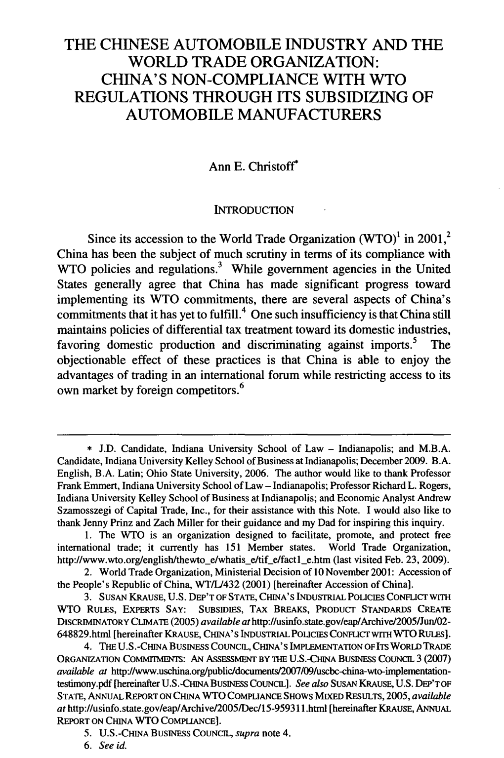 Chinese Automobile Industry and the World Trade Organization: China's Non-Compliance with Wto Regulations Through Its Subsidizing of Automobile Manufacturers