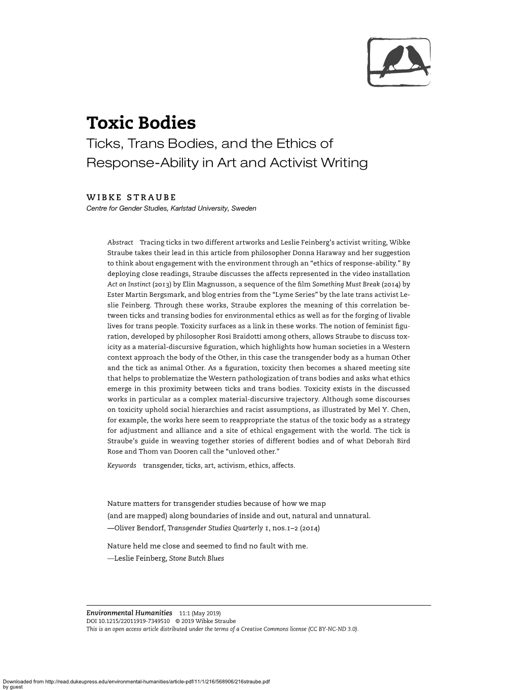 Toxic Bodies Ticks, Trans Bodies, and the Ethics of Response-Ability in Art and Activist Writing
