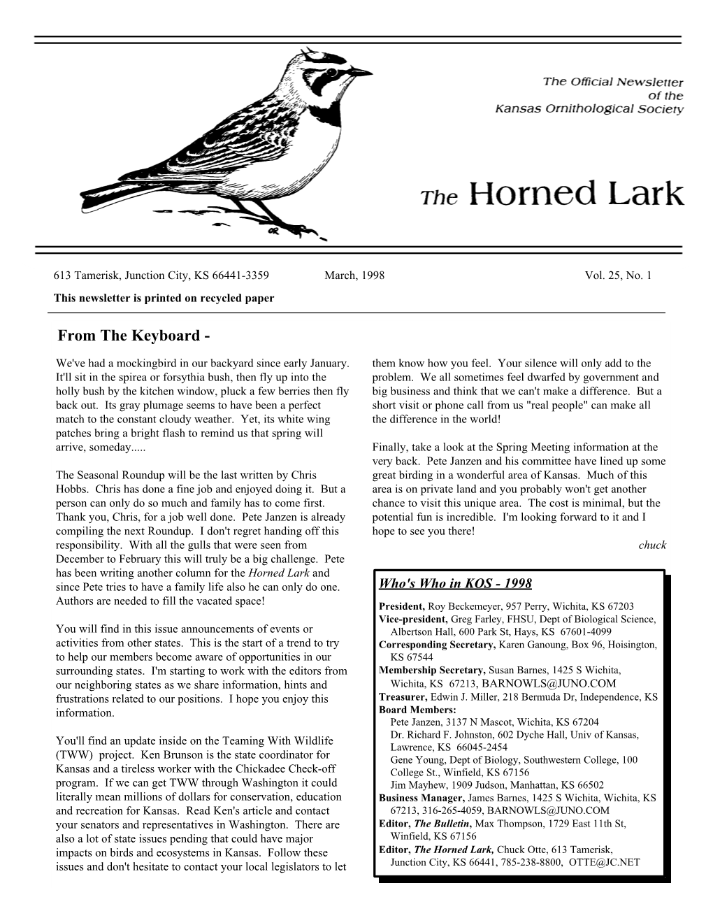 Horned Lark, March 1998 Issue