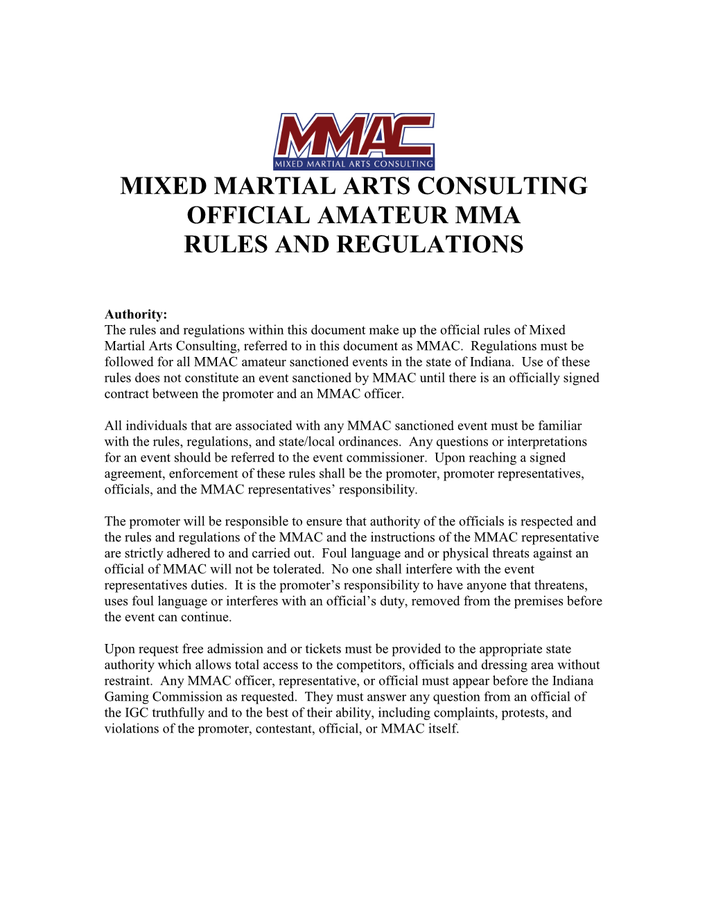 Mixed Martial Arts Consulting Official Amateur Mma Rules and Regulations