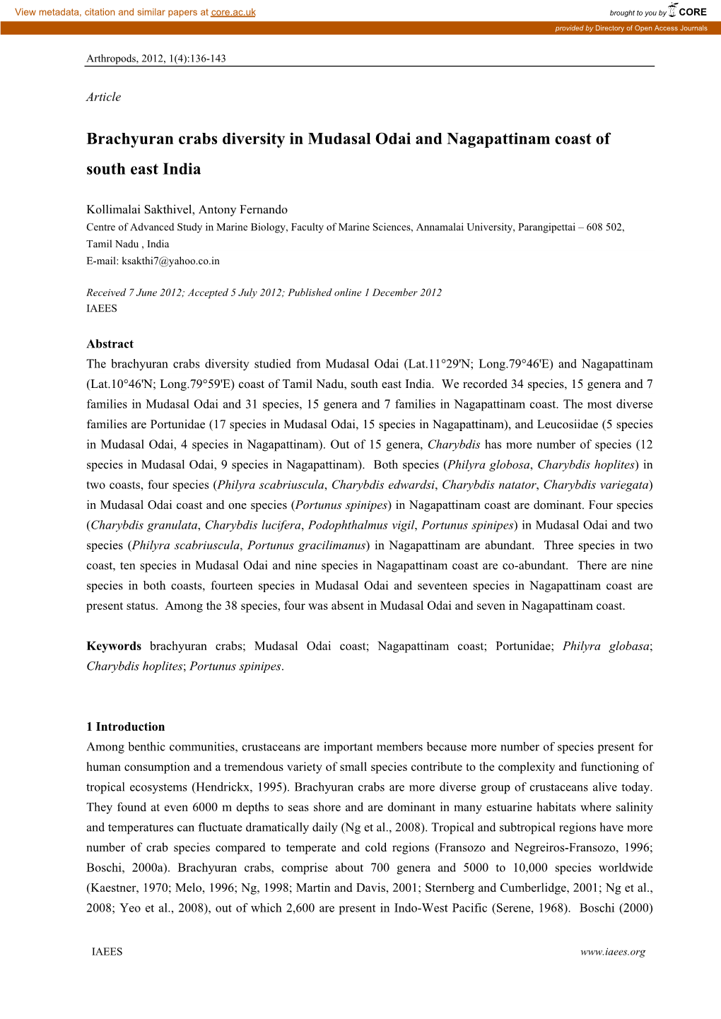 Brachyuran Crabs Diversity in Mudasal Odai and Nagapattinam Coast of South East India