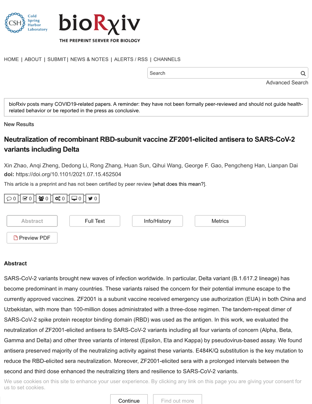 Neutralization of Recombinant RBD-Subunit Vaccine ZF2001-Elicited Antisera to SARS-Cov-2 Variants Including Delta