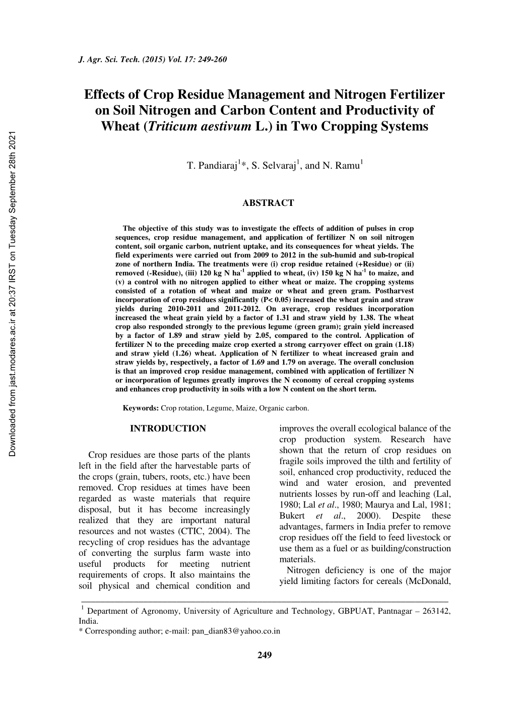 Effects of Crop Residue Management and Nitrogen Fertilizer on Soil