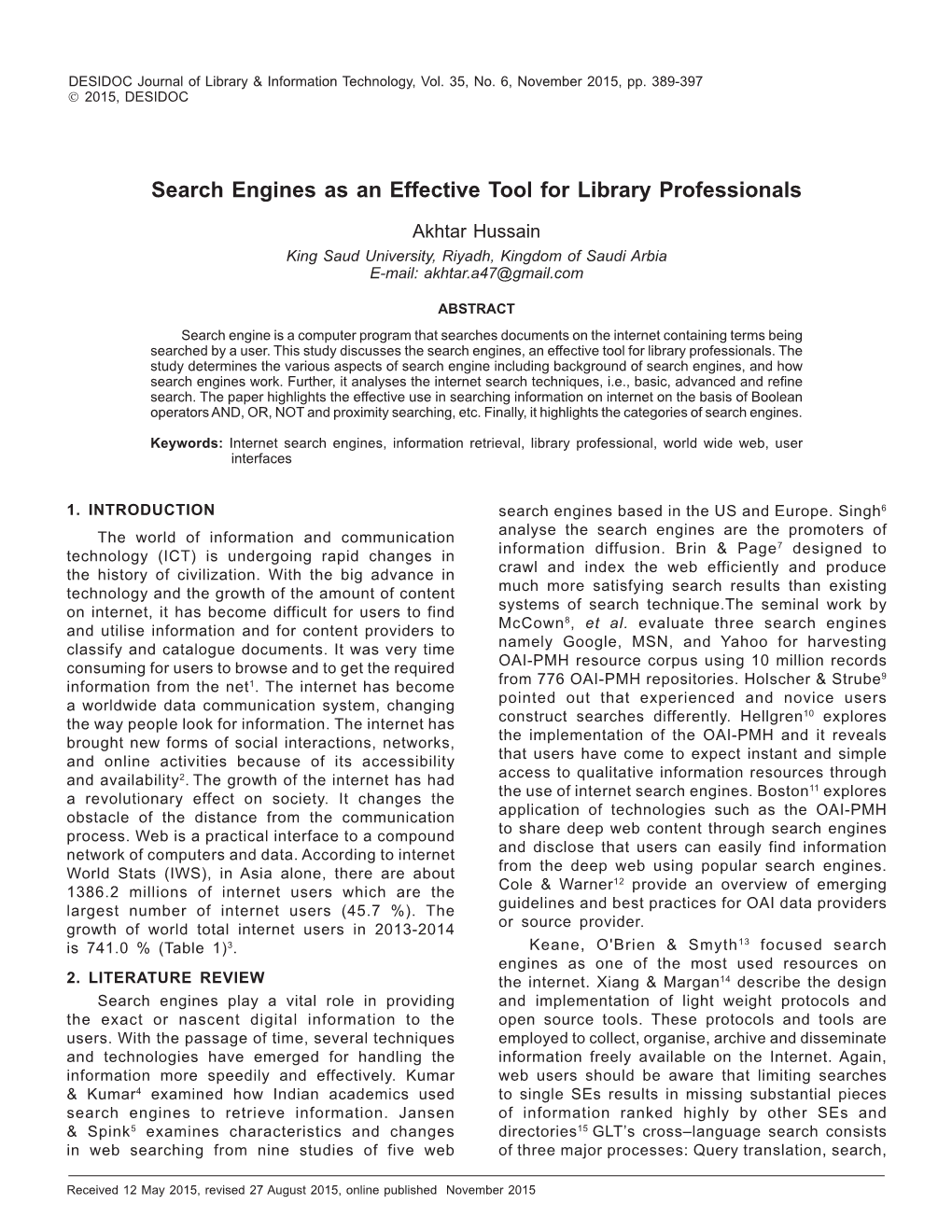Search Engines As an Effective Tool for Library Professionals