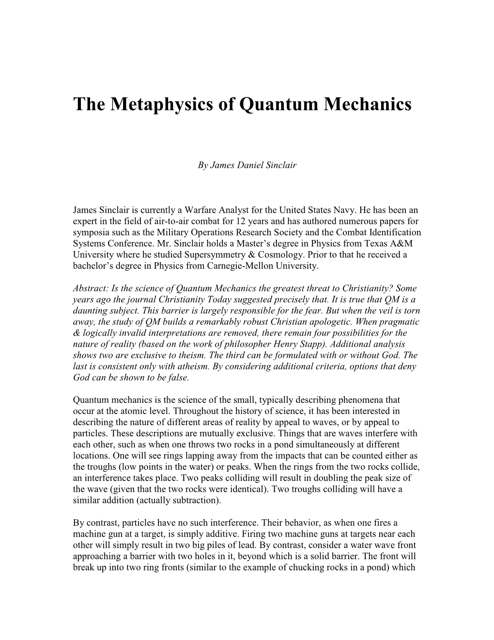 The Metaphysics of Quantum Mechanics