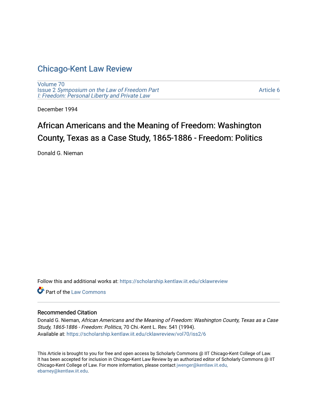 African Americans and the Meaning of Freedom: Washington County, Texas As a Case Study, 1865-1886 - Freedom: Politics