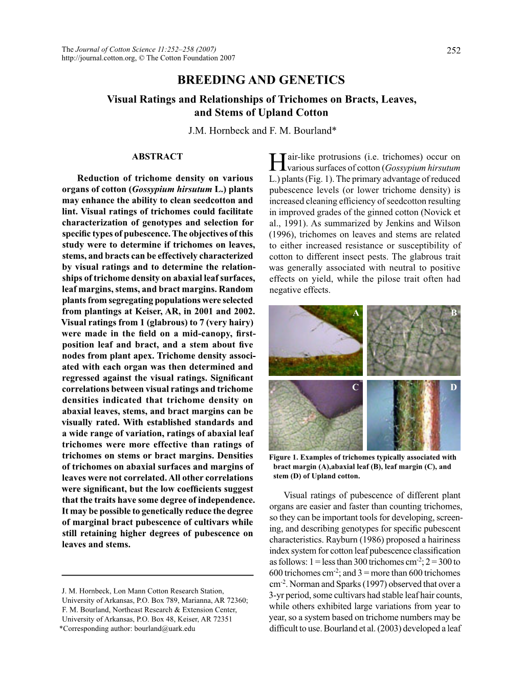 Visual Ratings and Relationships of Trichomes on Bracts, Leaves, and Stems of Upland Cotton J.M