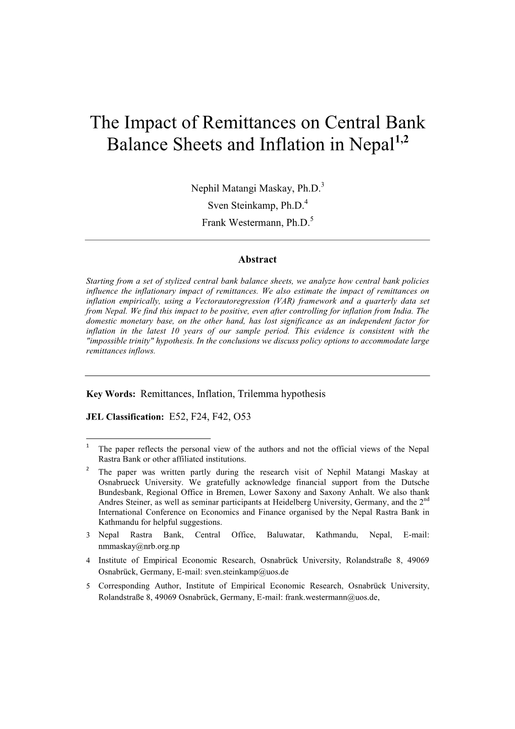 The Impact of Remittances on Central Bank Balance Sheets and Inflation in Nepal1,2