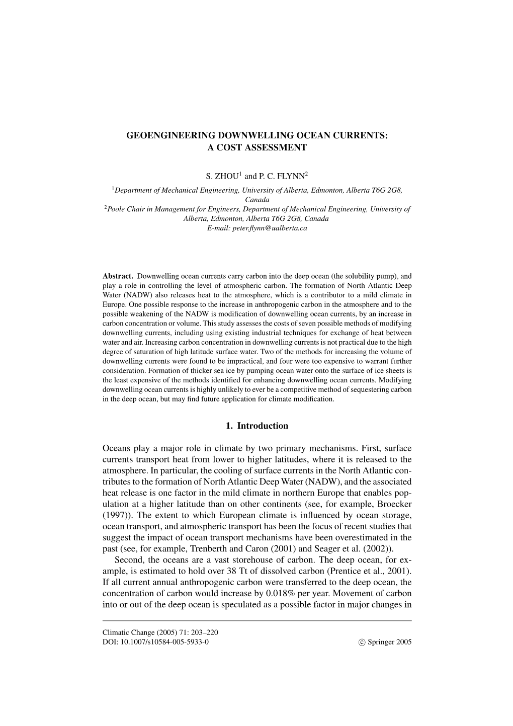 Geoengineering Downwelling Ocean Currents: a Cost Assessment