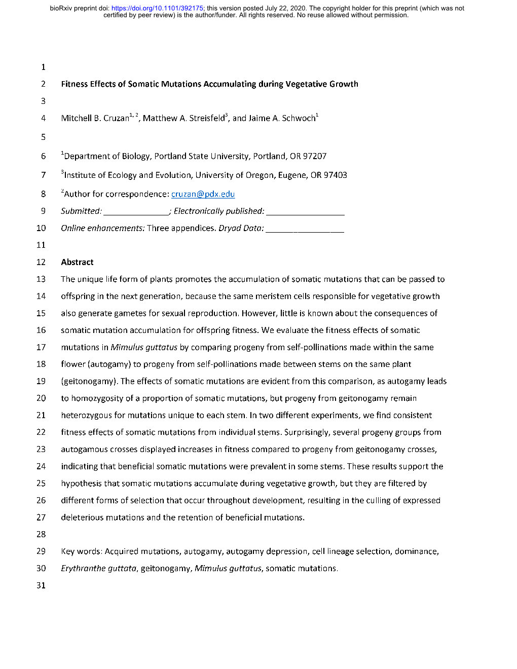 Fitness Effects of Somatic Mutations Accumulating During Vegetative Growth 3 4 Mitchell B