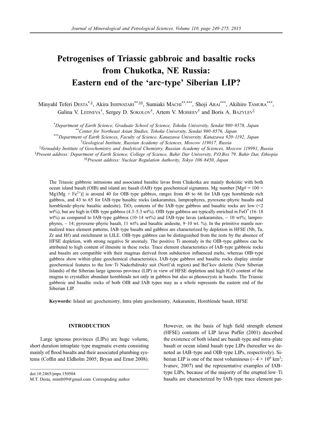 Petrogenises of Triassic Gabbroic and Basaltic Rocks from Chukotka, NE Russia: Eastern End of the ‘Arc–Type’ Siberian LIP?