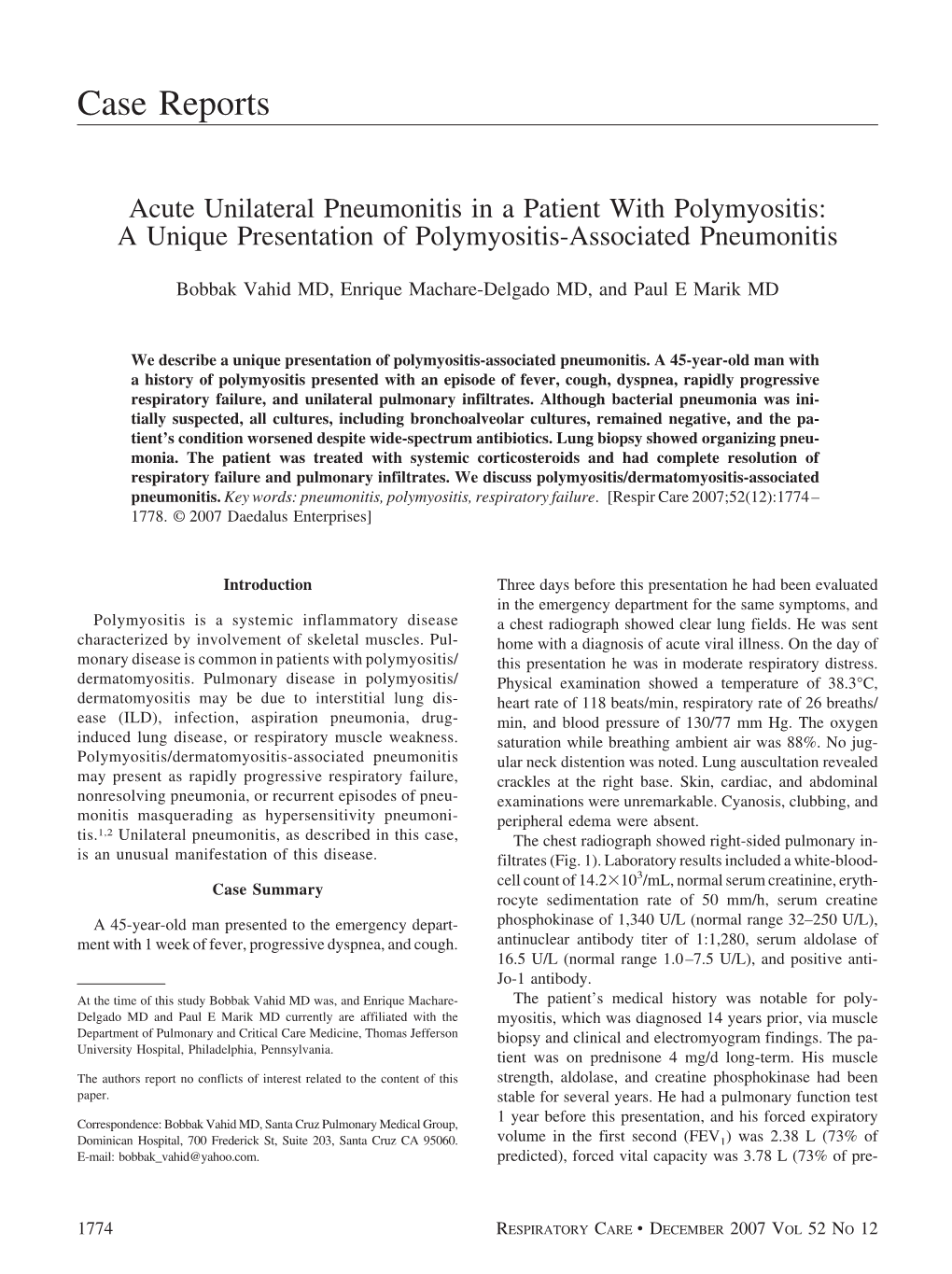 Acute Unilateral Pneumonitis in a Patient with Polymyositis: a Unique Presentation of Polymyositis-Associated Pneumonitis