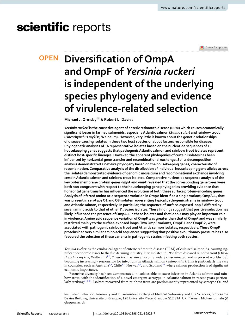 Diversification of Ompa and Ompf of Yersinia Ruckeri Is Independent of the Underlying Species Phylogeny and Evidence of Virulenc