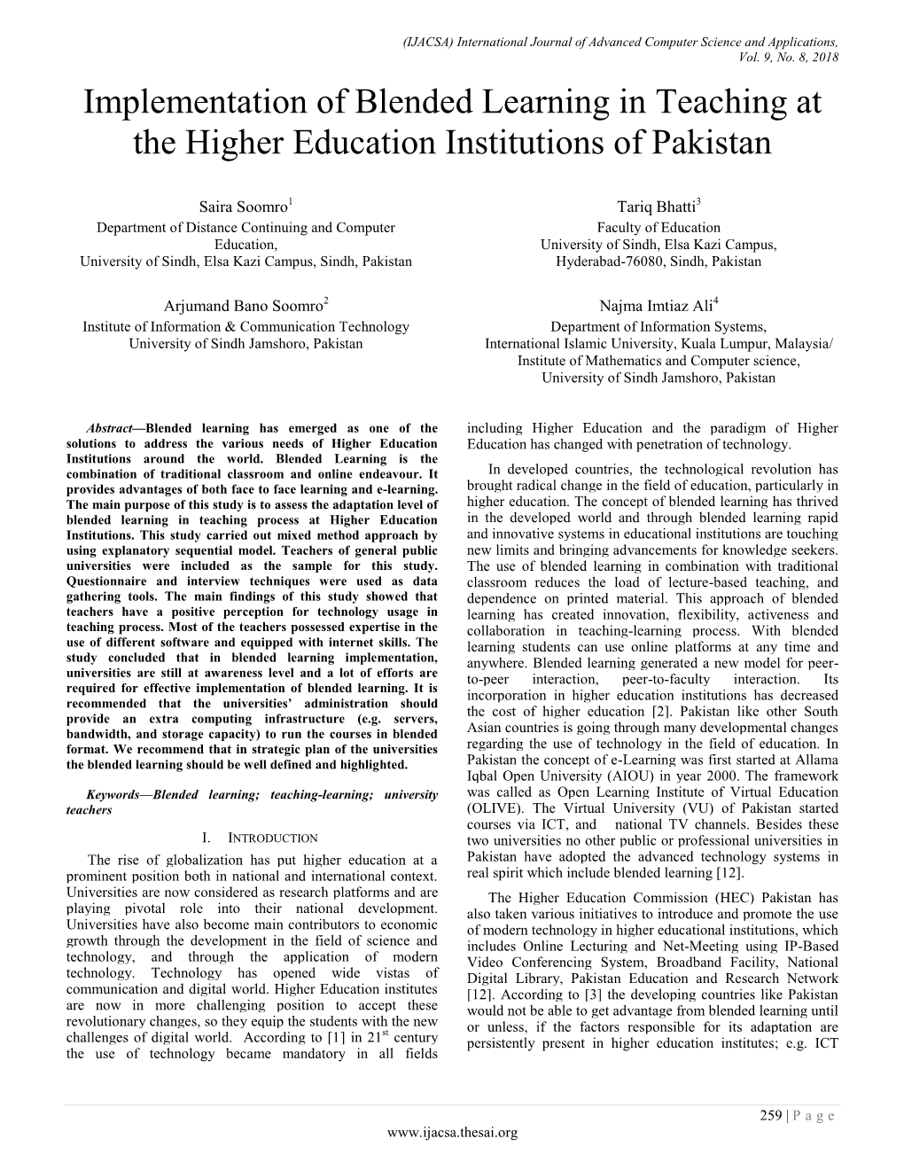 Implementation of Blended Learning in Teaching at the Higher Education Institutions of Pakistan