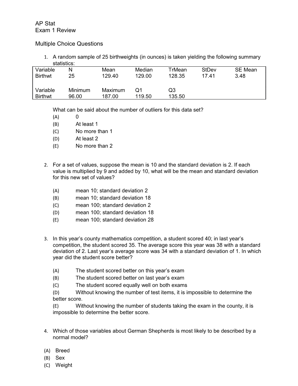 1. a Random Sample of 25 Birthweights (In Ounces) Is Taken Yielding the Following Summary