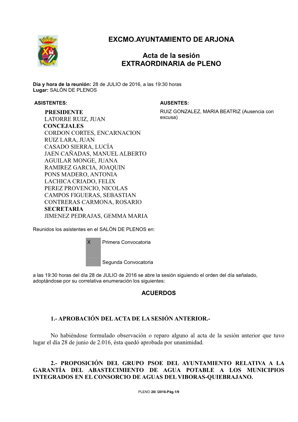 EXCMO.AYUNTAMIENTO DE ARJONA Acta De La Sesión