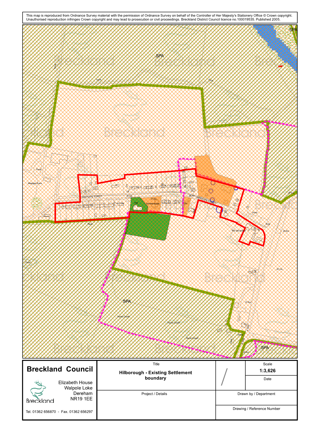 Breckland Council Hilborough - Existing Settlement 1:3,626 Boundary Date Elizabeth House / Walpole Loke Dereham Project / Details Drawn by / Department NR19 1EE