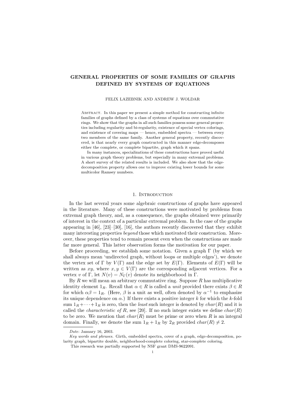 General Properties of Some Families of Graphs Defined by Systems of Equations