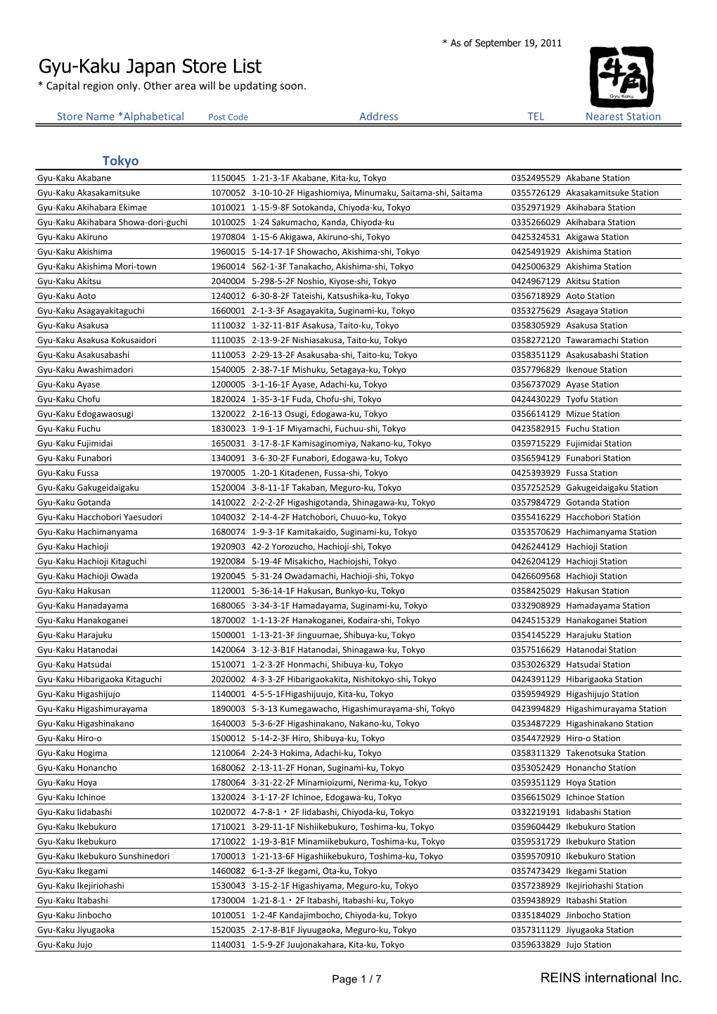 Gyu-Kaku Japan Store List * Capital Region Only